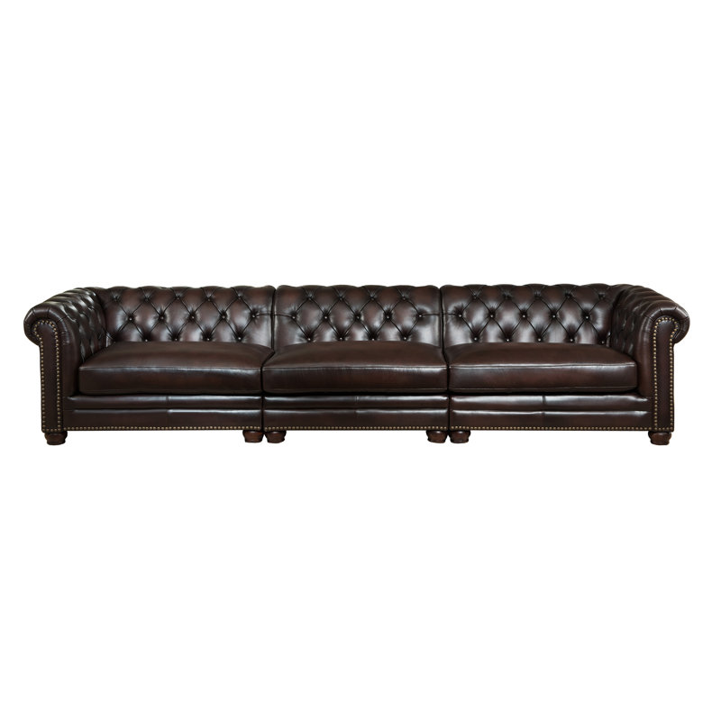 Amax Bakersfield 139" Genuine Leather Rolled Arm Chesterfield Sofa